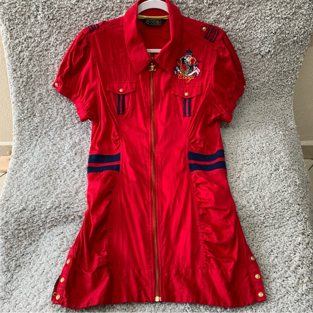 VINTAGE Y2K COOGI Red Military Nautical Zip Front Dress Size XLarge Retro